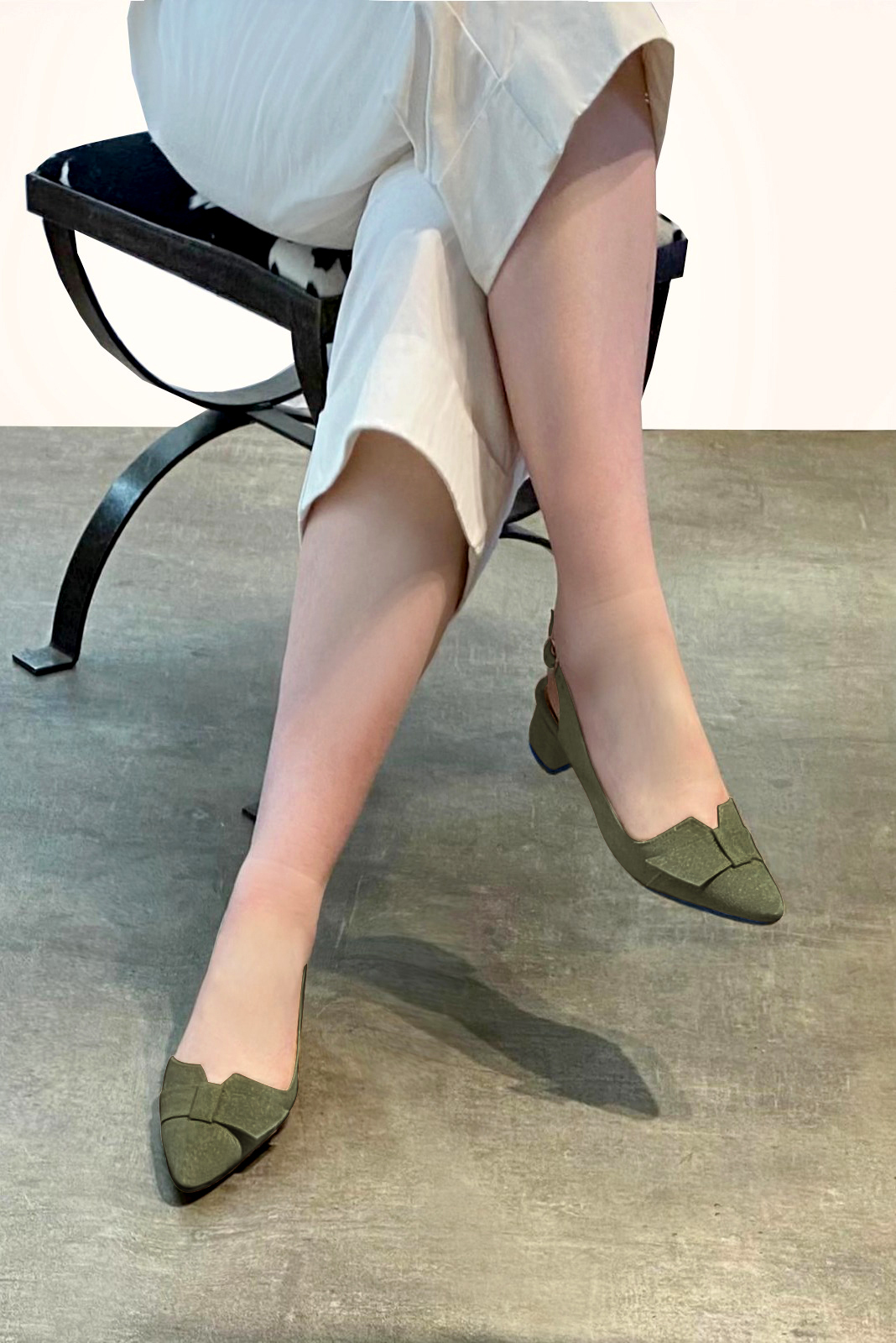 Khaki green women's slingback shoes. Tapered toe. Low flare heels. Worn view - Florence KOOIJMAN